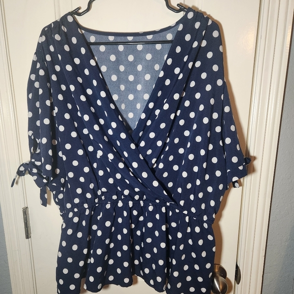 Knotted Cuff Blue and White Polka Dot Blouse Plus - Picture 2 of 6